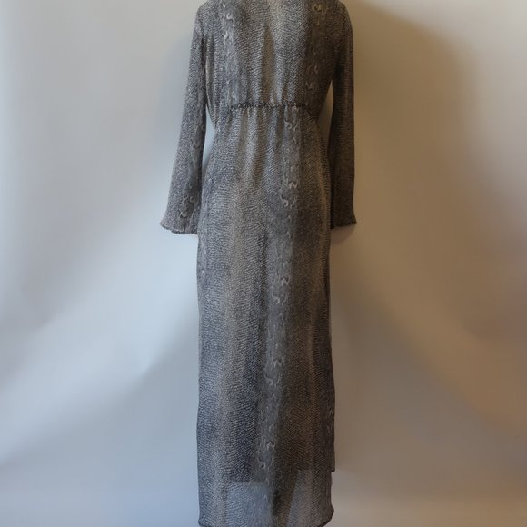 WOMENS AAKAA BLACK WHIT PRINT DESIGN SEMI-SHEER MAXI WRAP DRESS M * - Picture 8 of 10